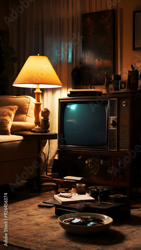 90's Living room interior with old tv. Generative by ai.