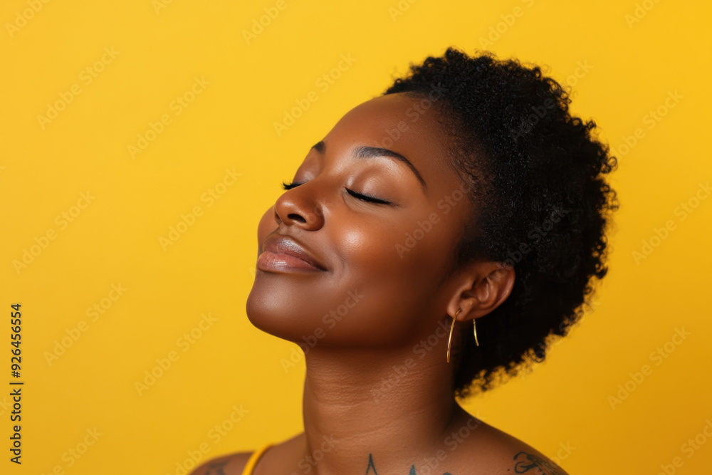 A close up of a tattooed black woman's face with her eyes closed