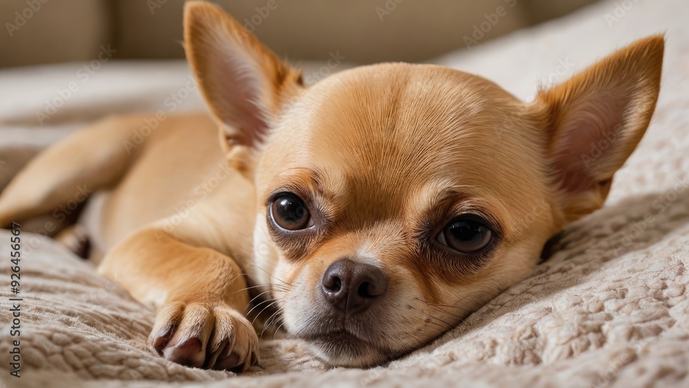 Fawn smooth coat chihuahua dog lying on bed in the bedroom Fawn smooth coat chihuahua dog lying on bed in the bedroom