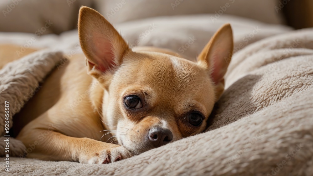 Fawn smooth coat chihuahua dog lying on bed in the bedroom Fawn smooth coat chihuahua dog lying on bed in the bedroom
