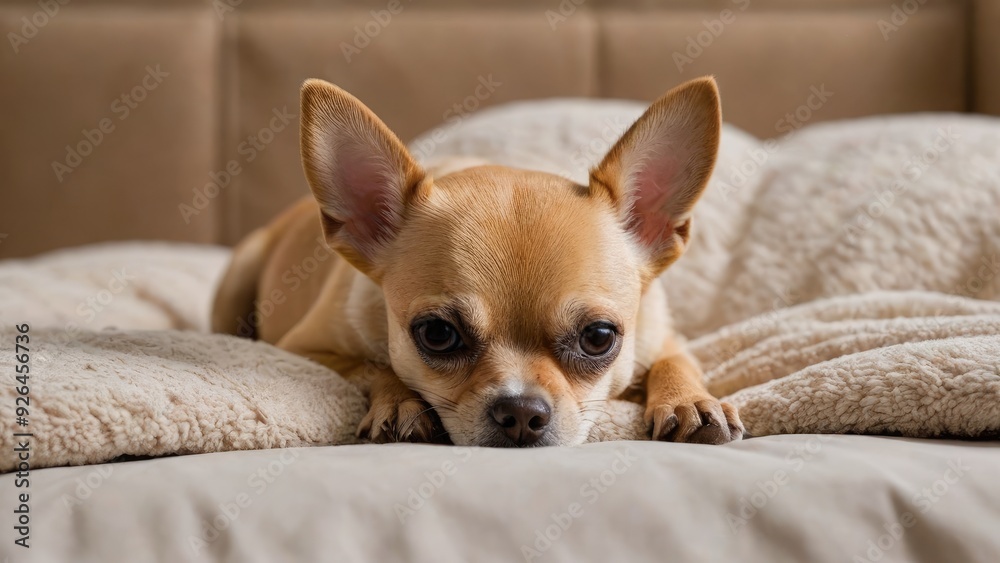 Fawn smooth coat chihuahua dog lying on bed in the bedroom Fawn smooth coat chihuahua dog lying on bed in the bedroom