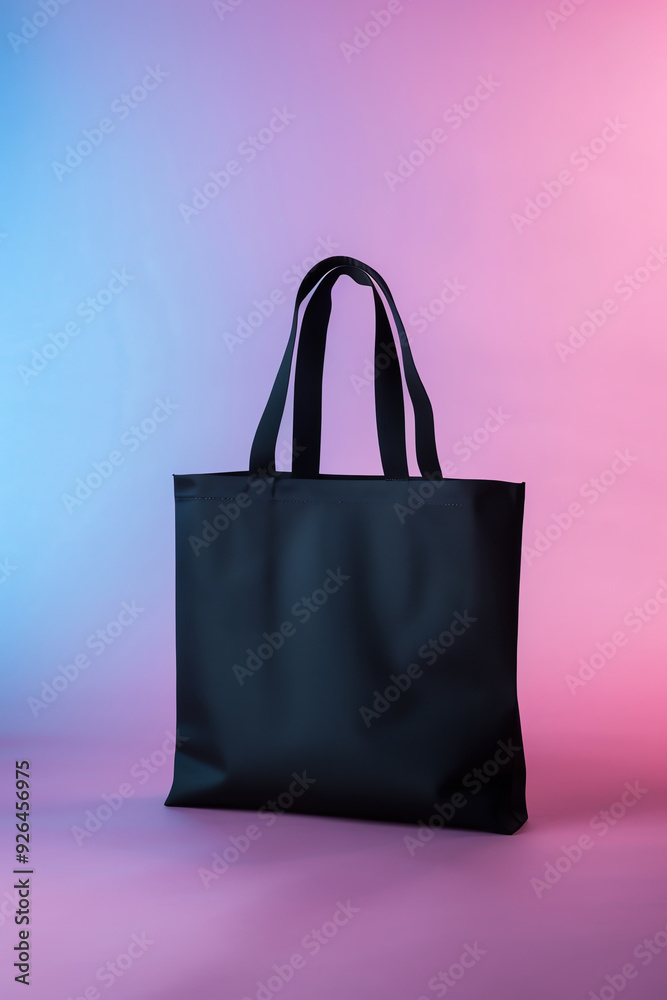 ฺBlank black tote bag on neon background. Mock up eco bag. Generative ai. ฺBlank black tote bag on neon background. Mock up eco bag. Generative ai.