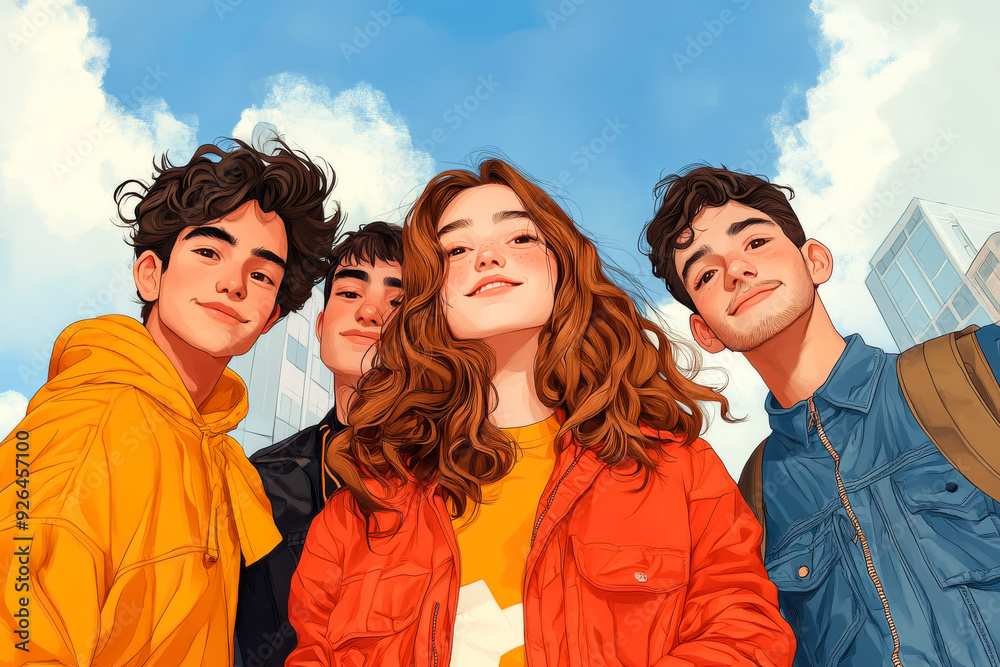 Friends in the City.  Generated image.  A digital illustration of a minimalist line drawing of friends in a portrait warm photo, girls and boys, alternative outfits, young, happy, kind of dorky.