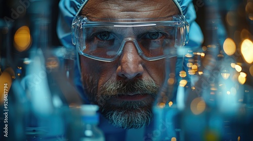 Wallpaper Mural Scientist examining glass vials in a laboratory during evening hours Torontodigital.ca