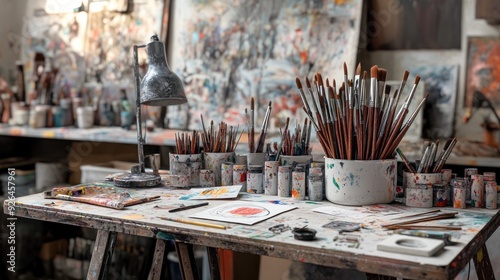 Art Studio with Paint Brushes and Palette