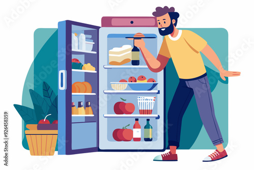 Hungry man opens a refrigerator full of food and drinks in order to have a snack or take food for cooking
