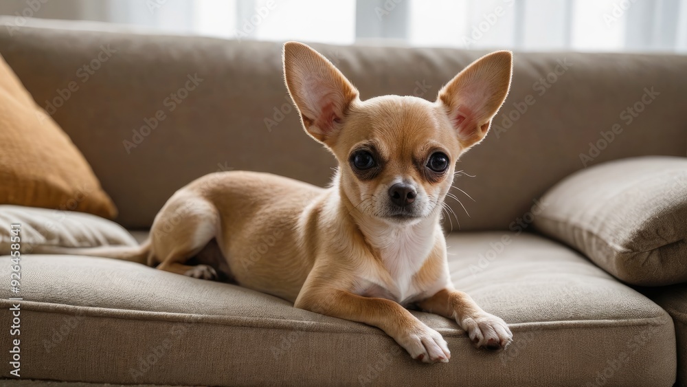Fawn smooth coat chihuahua dog lying on sofa at home Fawn smooth coat chihuahua dog lying on sofa at home