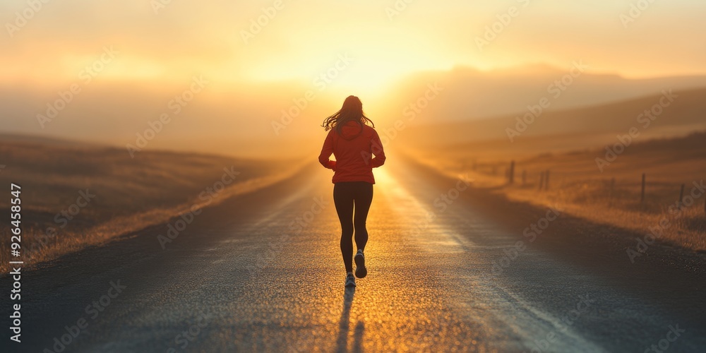 Woman running at sunrise along an empty road, symbolizing freedom and new beginnings in a serene, open landscape Woman running at sunrise along an empty road, symbolizing freedom and new beginnings in a serene, open landscape
