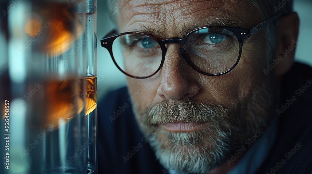 A thoughtful man in glasses examines a laboratory experiment in a modern research facility during daylight hours A thoughtful man in glasses examines a laboratory experiment in a modern research facility during daylight hours