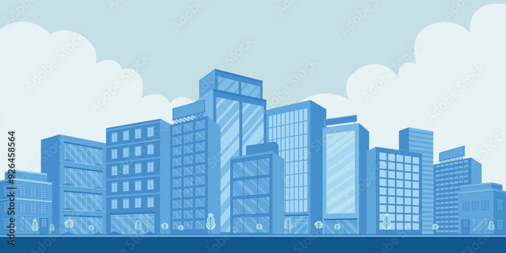 Blue cityscape background. City buildings with trees. Monochrome urban landscape with road. Modern architectural flat style illustration in panorama view. Blue cityscape background. City buildings with trees. Monochrome urban landscape with road. Modern architectural flat style illustration in panorama view.