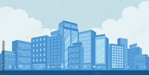 Blue cityscape background. City buildings with trees. Monochrome urban landscape with road. Modern architectural  flat style illustration in panorama view.