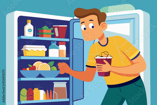 Hungry man opens a refrigerator full of food and drinks in order to have a snack or take food for cooking
