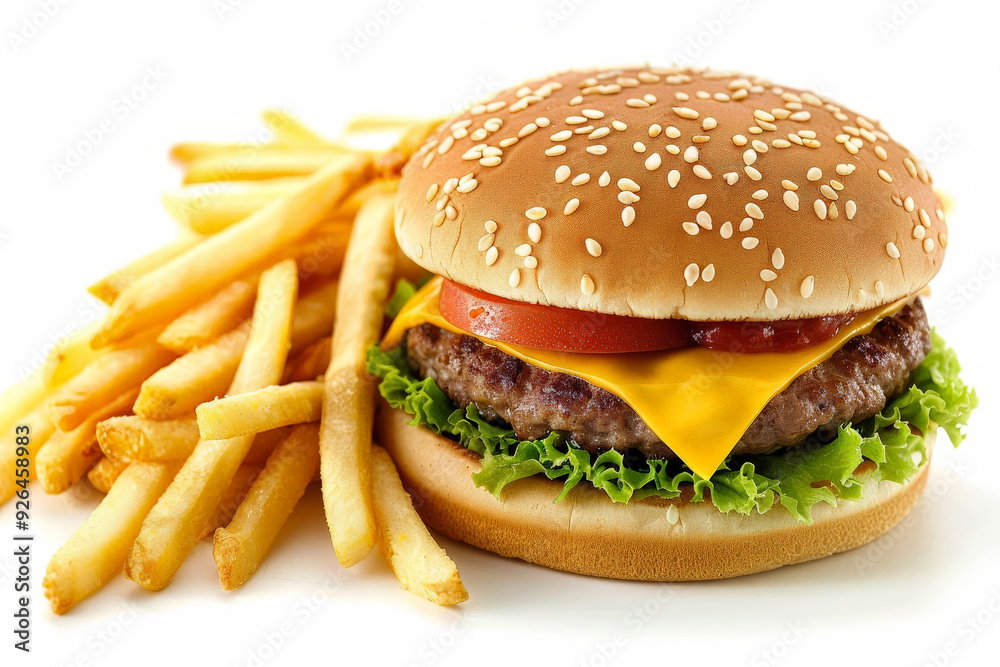 Delicious Cheeseburger with Fresh French Fries on a White Background. Perfect Fast Food Meal Delicious Cheeseburger with Fresh French Fries on a White Background. Perfect Fast Food Meal