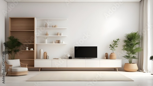 White wall, background, minimalist living room interior with wooden TV cabine