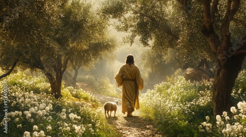 Serene Walk Through a Sunlit Garden with Jesus and Lamb