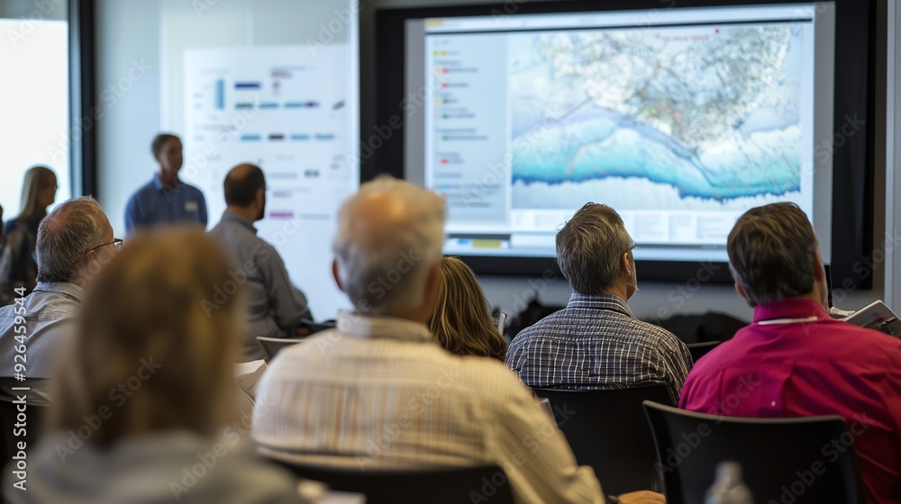 A diverse group of professionals attentively watching a presentation on a screen, focused on data analysis and mapping techniques. A diverse group of professionals attentively watching a presentation on a screen, focused on data analysis and mapping techniques.