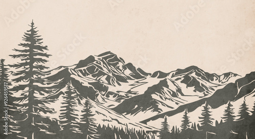 Mountain landscape. Vector graphics. Logo design for use in graphics. T-shirt print, tattoo design. Minimalist illustration for printing on wall decorations. Vintage grunge old .