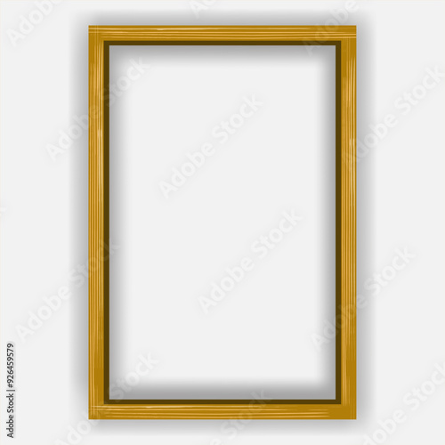 Wall wooden photo frame for picture 3d mockup vector. Bland realistic poster photoframe a4 template. Print vertical artwork banner with wood passepartout border. Gallery paper painting design