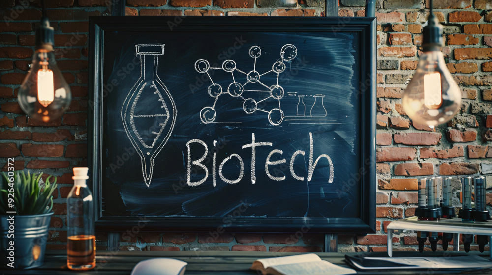 © Michael - Biotech illustrations displayed on a blackboard in a warmly lit laboratory environment