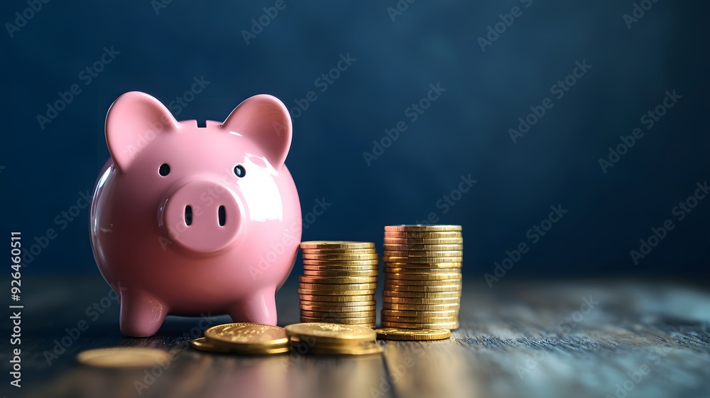 Pink pig piggy bank next to a stack of gold coin
