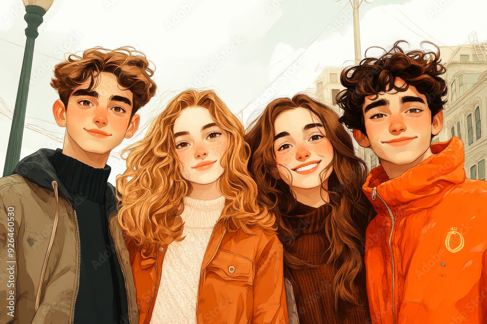 Friends in the City. Generated image. A digital illustration of a minimalist line drawing of friends in a portrait warm photo, girls and boys, alternative outfits, young, happy, kind of dorky. Friends in the City. Generated image. A digital illustration of a minimalist line drawing of friends in a portrait warm photo, girls and boys, alternative outfits, young, happy, kind of dorky.