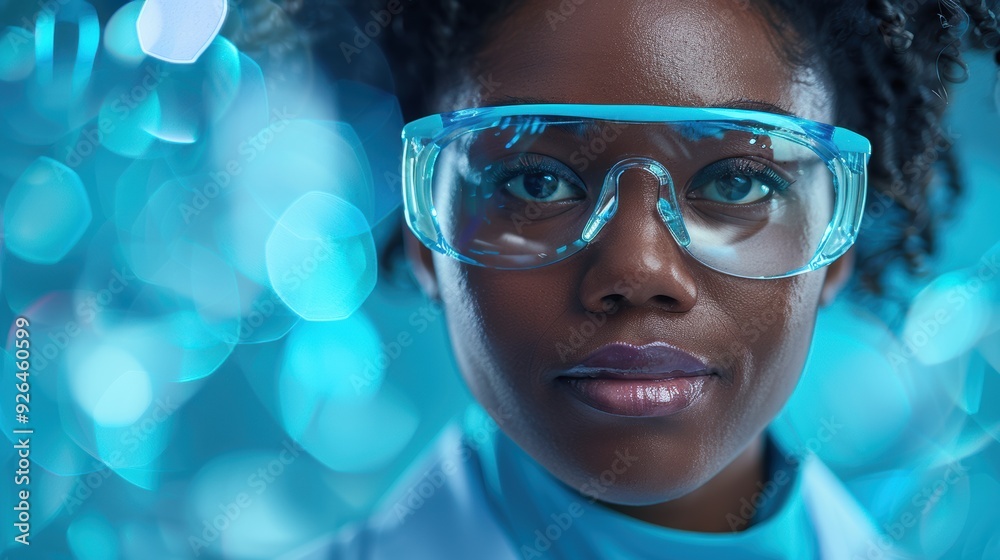 Scientist wearing protective eyewear conducts research in a laboratory with a blue background Scientist wearing protective eyewear conducts research in a laboratory with a blue background