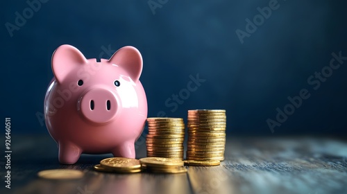 Obraz na płótnie Pink pig piggy bank next to a stack of gold coin w salonie