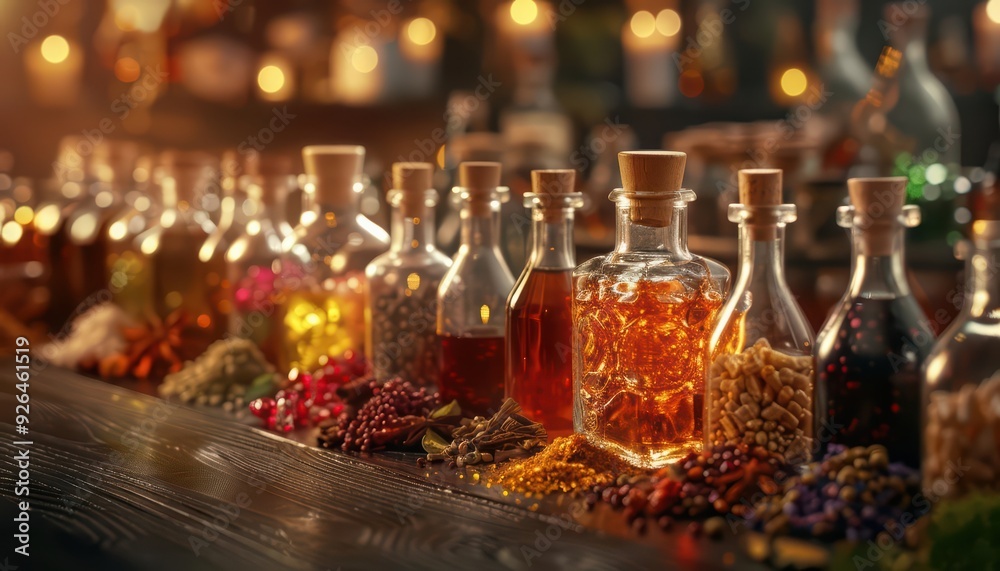 A supernatural apothecary offers elixirs and potions that double as gourmet food, where each sip and bite provides both sustenance and cures, high tech, with copy space A supernatural apothecary offers elixirs and potions that double as gourmet food, where each sip and bite provides both sustenance and cures, high tech, with copy space