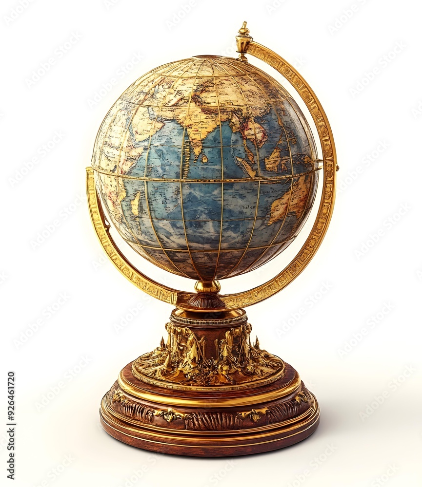 Antique Gold Globe with a Detailed World Map Antique Gold Globe with a Detailed World Map