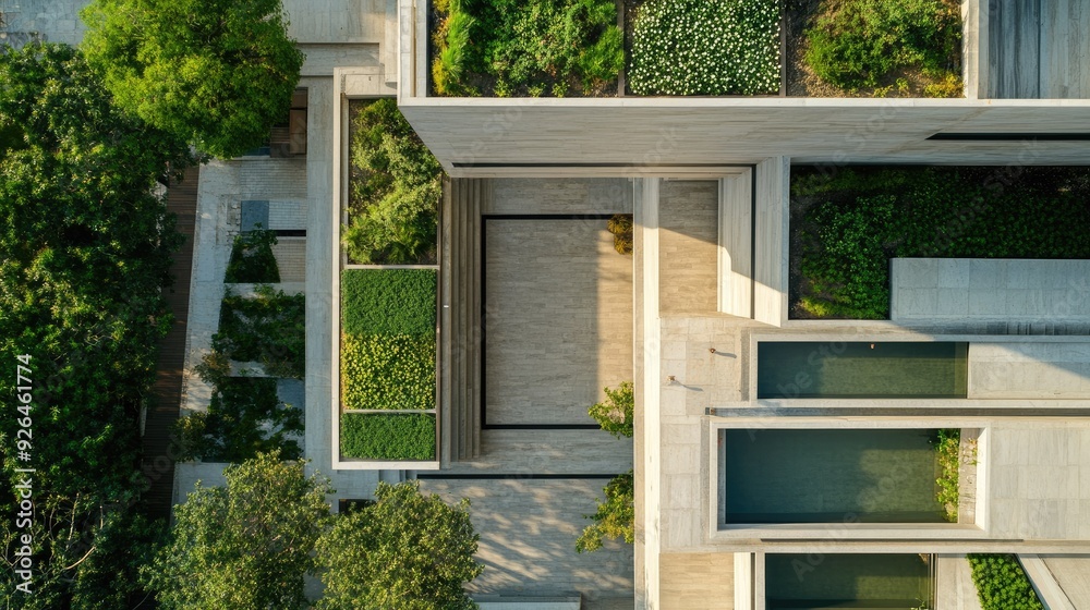 Top view of a modern Indian wellness center with minimalist design and rooftop gardens Top view of a modern Indian wellness center with minimalist design and rooftop gardens