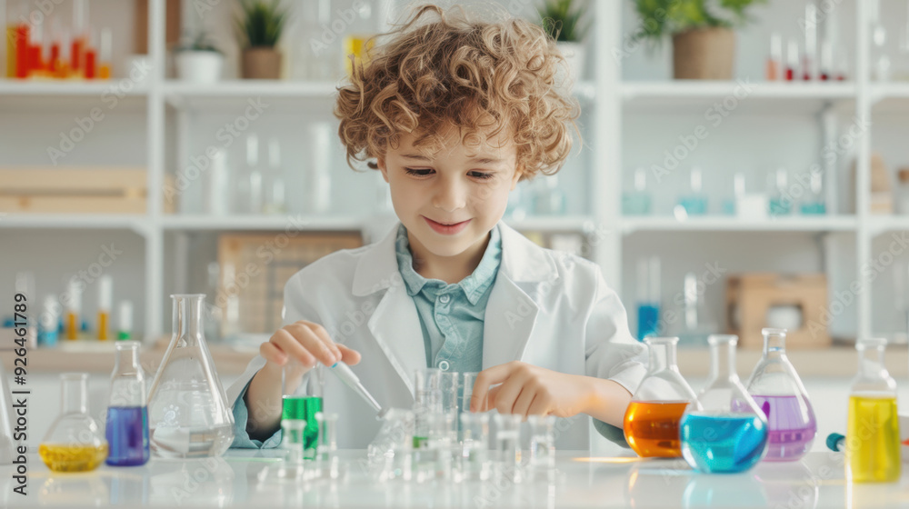Caucasian a boy child scientist is smiling and learning for science experiments with test tubes in the school laboratory Caucasian a boy child scientist is smiling and learning for science experiments with test tubes in the school laboratory