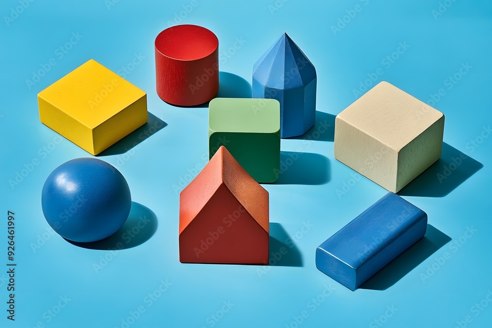 Obraz premium Colorful Geometric Shapes Arranged on Blue Background