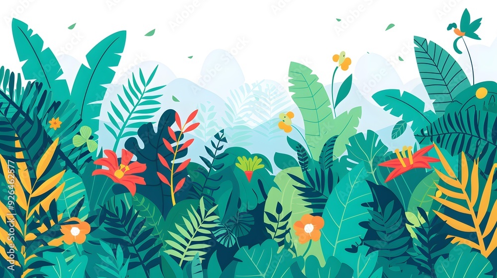 Naklejka premium Tropical Jungle Seamless Pattern With Lush Greenery
