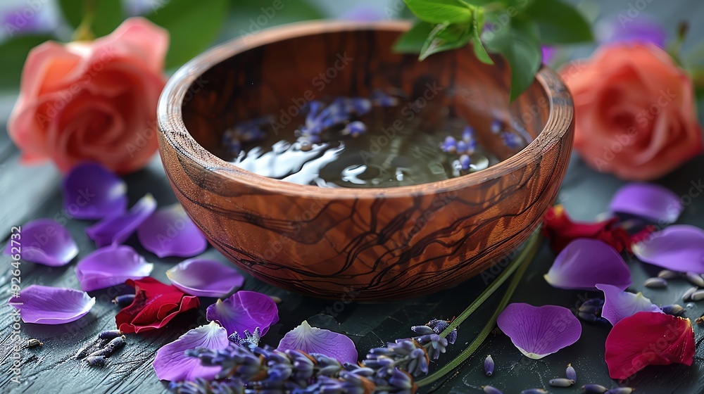 A calming spa composition with lavender and rose petals arranged around a wooden bowl filled with warm A calming spa composition with lavender and rose petals arranged around a wooden bowl filled with warm