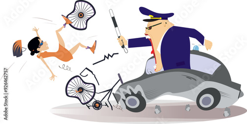 Traffic accident. Bike accident - collisions with policeman car. 
Cyclist woman smashes into the policeman car. Angry policeman. Road collision with cyclist involved
