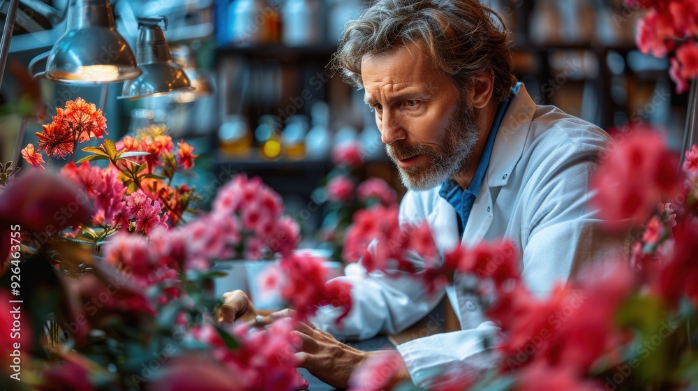Naklejka premium A botanist examines vibrant flowers in a well-lit greenhouse during a spring afternoon
