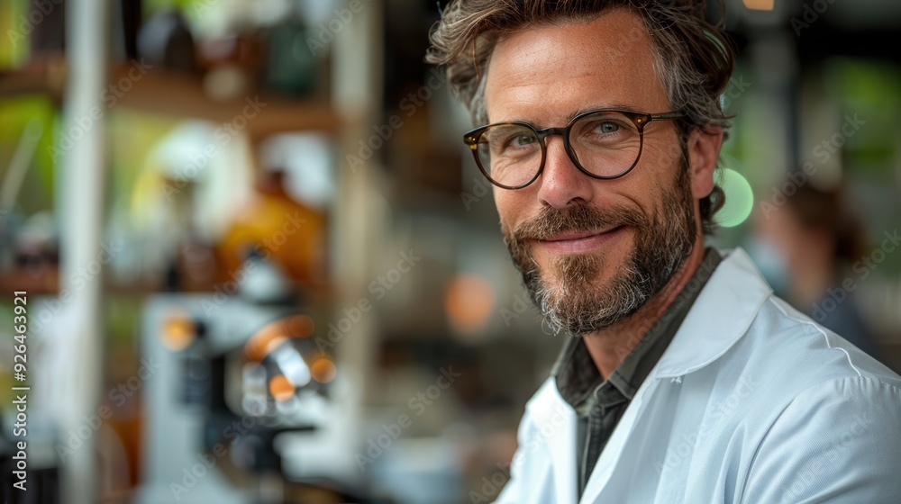 A smiling scientist in a laboratory setting working with equipment A smiling scientist in a laboratory setting working with equipment