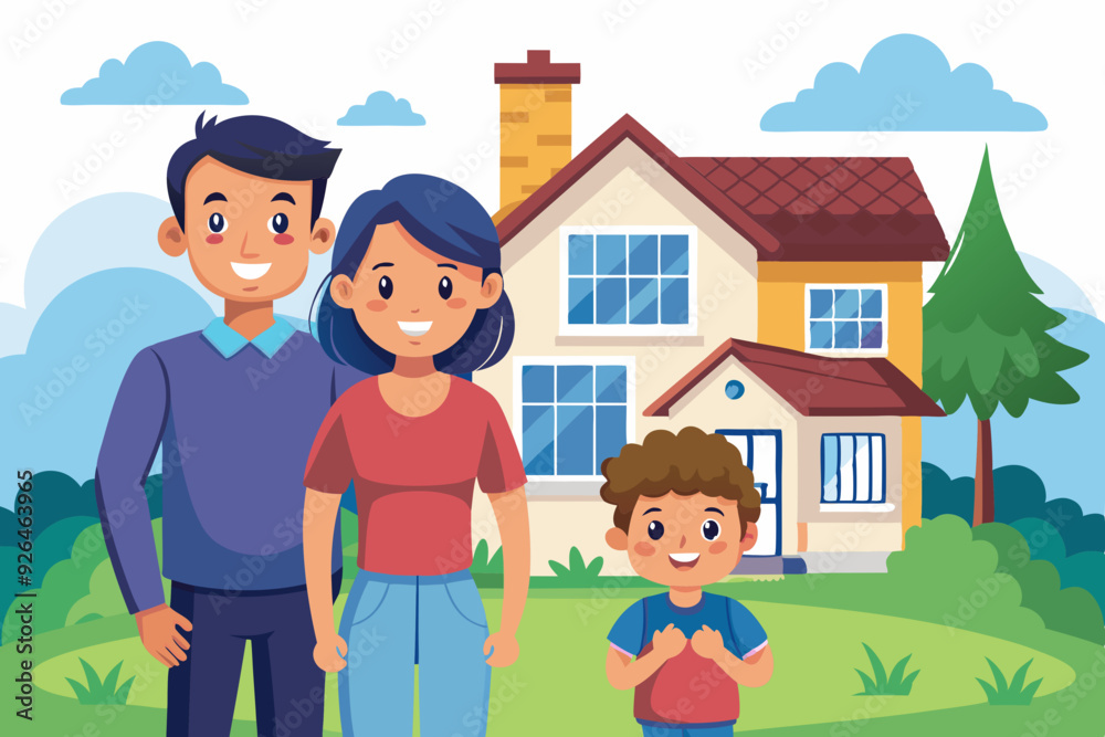 Happy family is looking at their new home. Vector illustration
Happy family is looking at their new home. Vector illustration