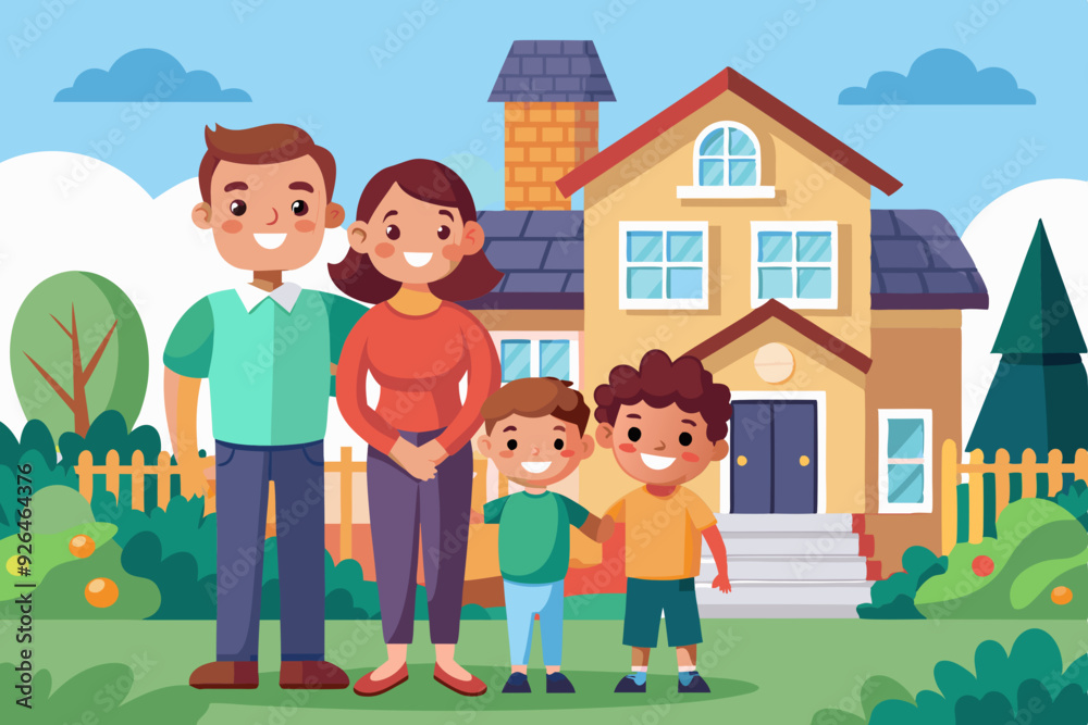 Happy family is looking at their new home. Vector illustration
Happy family is looking at their new home. Vector illustration