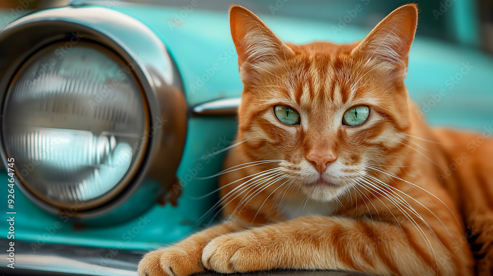A cute red-haired cat relaxes and carefully examines everything around with his beautiful eyes, lying on the hood of an old retro car. The concept of rest and relaxation of pets.