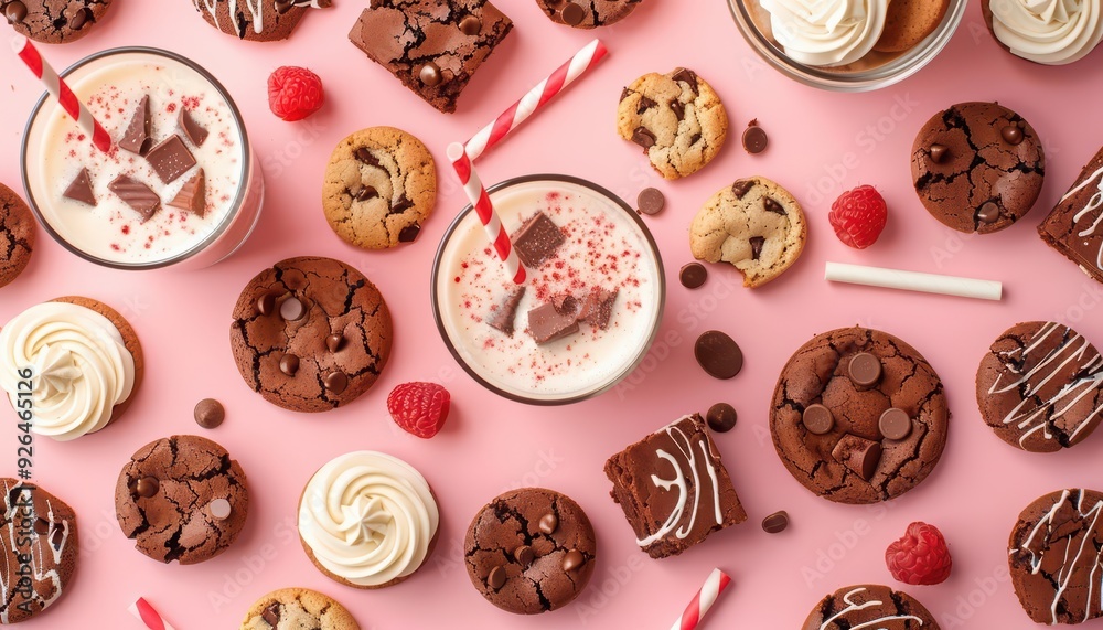 Creative food flat lay banner highlighting an indulgent American dessert table filled with brownies Creative food flat lay banner highlighting an indulgent American dessert table filled with brownies