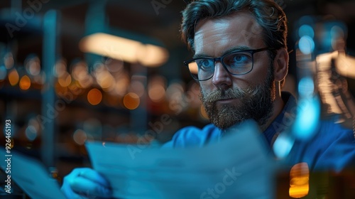 Man reviewing notes in a dimly lit bar surrounded by shelves of spirits during evening hours