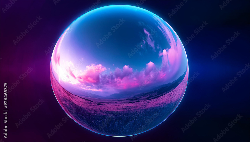 Abstract magical energy sphere. Glowing ball. Neon blue and pink clouds. Fantastic landscape. Abstract magical energy sphere. Glowing ball. Neon blue and pink clouds. Fantastic landscape.
