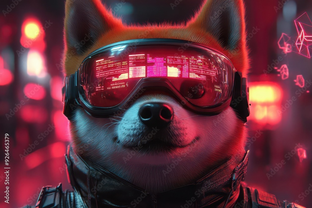animestyle shiba inu as crypto mascot doge wears futuristic visor displaying market data cyberpunk cityscape background neon accents and holographic effects digital currency symbols float around