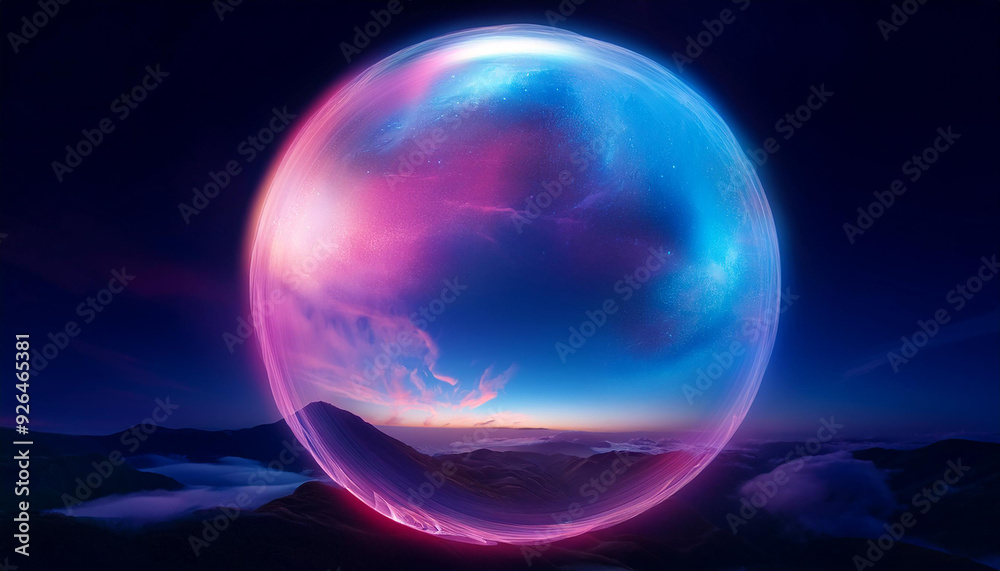 Abstract magical energy sphere. Glowing ball. Neon blue and pink clouds. Fantastic landscape. Abstract magical energy sphere. Glowing ball. Neon blue and pink clouds. Fantastic landscape.