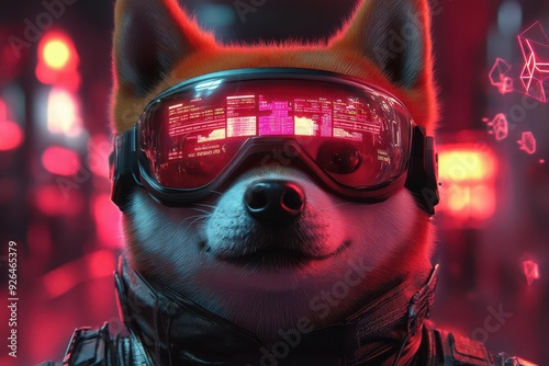 Obraz na płótnie animestyle shiba inu as crypto mascot doge wears futuristic visor displaying market data cyberpunk cityscape background neon accents and holographic effects digital currency symbols float around w salonie