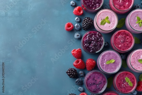 Creative food flat lay banner featuring a selection of antioxidantrich berry smoothies, ideal for a healthy boost, with solid background and copy space on center for advertise photo