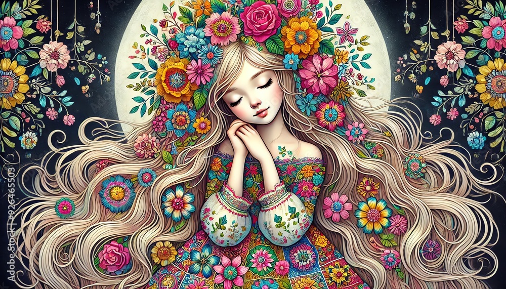 Fototapeta premium A whimsical and delicate illustration of a young girl with her eyes closed, exuding a sense of tranquility and grace