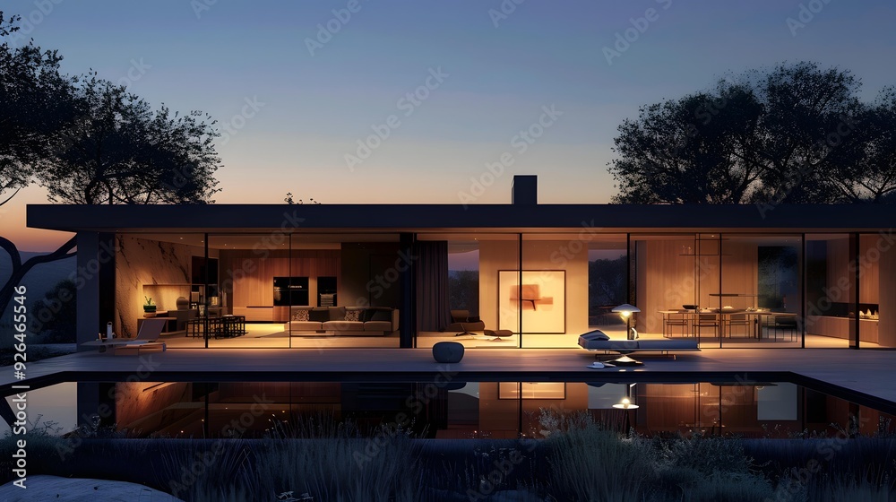 Modern Minimalist House with Swimming Pool at Dusk