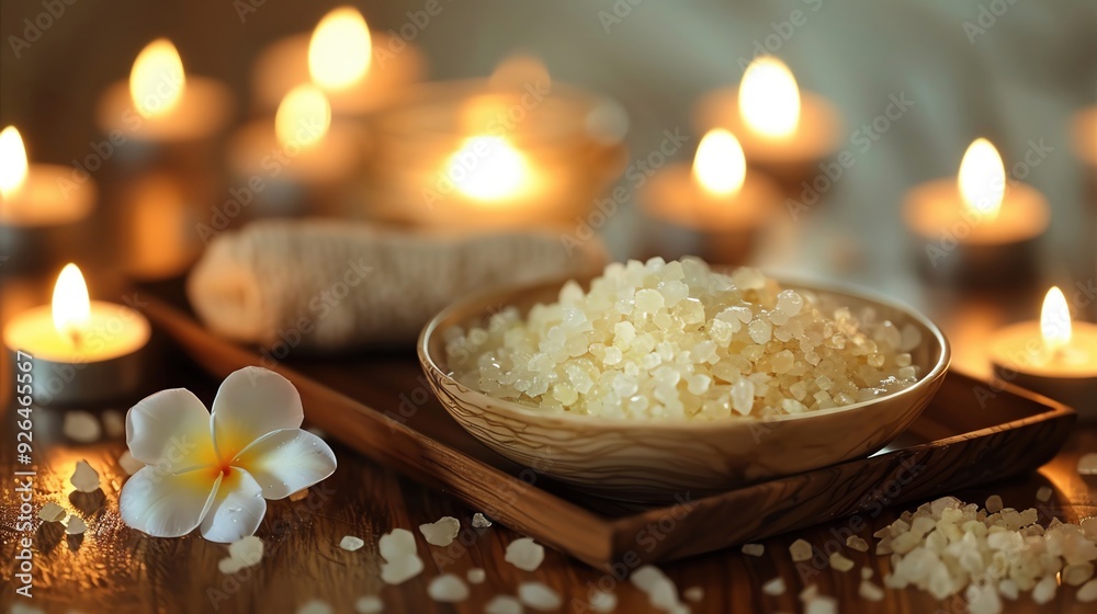A serene spa composition with a wooden tray A serene spa composition with a wooden tray
